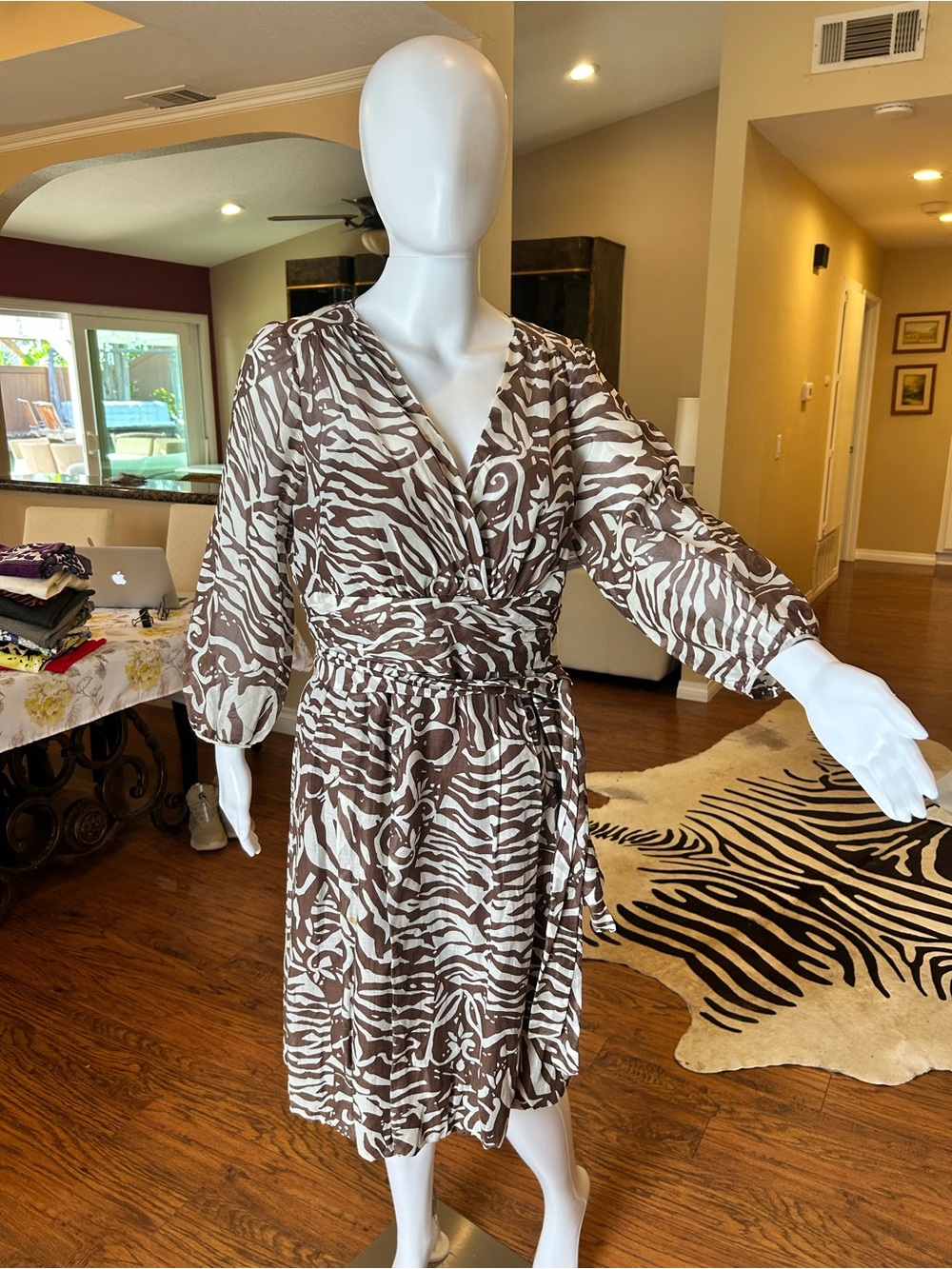 Rickie Freeman for Teri Jon Brown and White Abstract Wrap Dress
